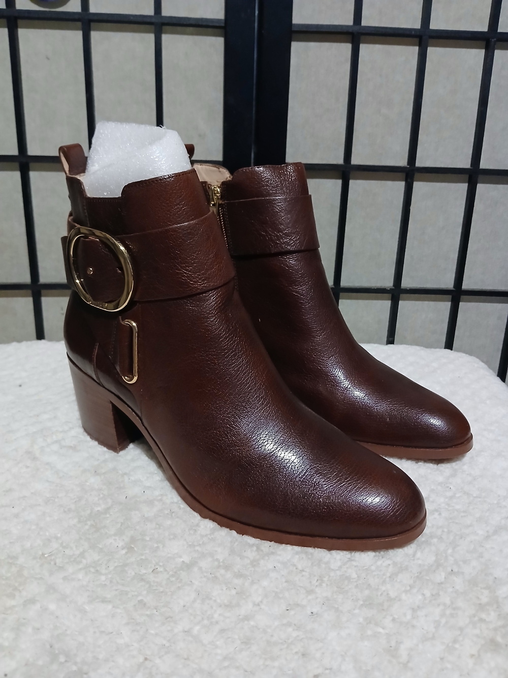 DKNY Brown Leather Ankle Booties with Gold Buckle